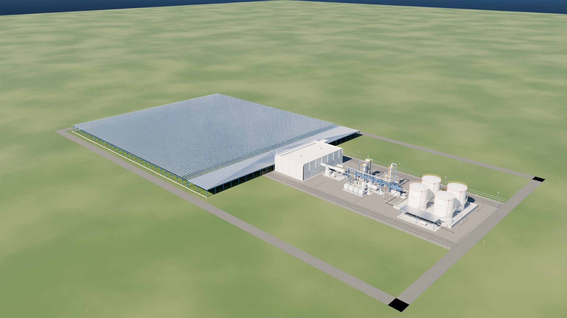 Aerial view of the complete plant: lens field, heat storage, synthesis plant and tank farm
