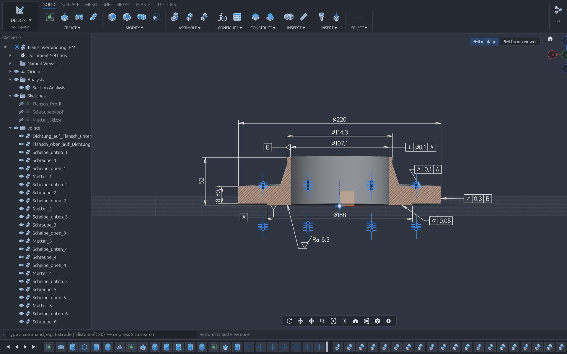 CAD-Anwendung mit Flanschverbindung im Halbschnitt und PMI