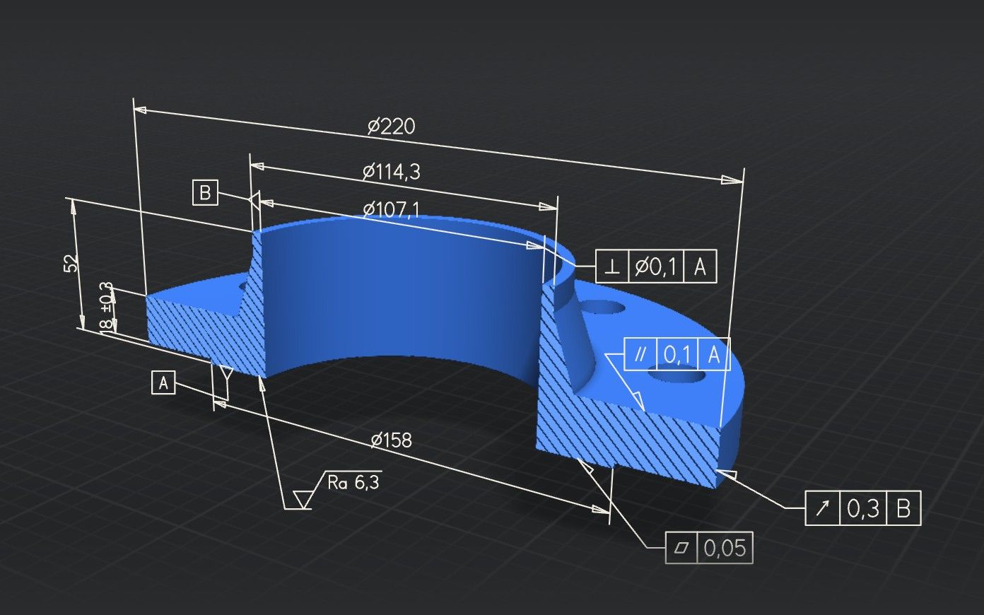 Flansch in 3D mit zum Betrachter ausgerichteten Annotationen